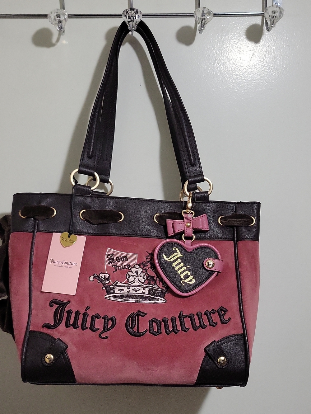 Juicy Couture Chateau Rose Embroidered Tote with Heart Charm